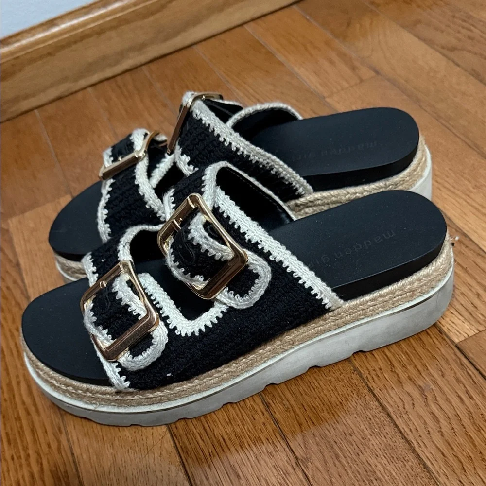 Madden Girl Black and Cream Buckle Sandals - Picture 1 of 8